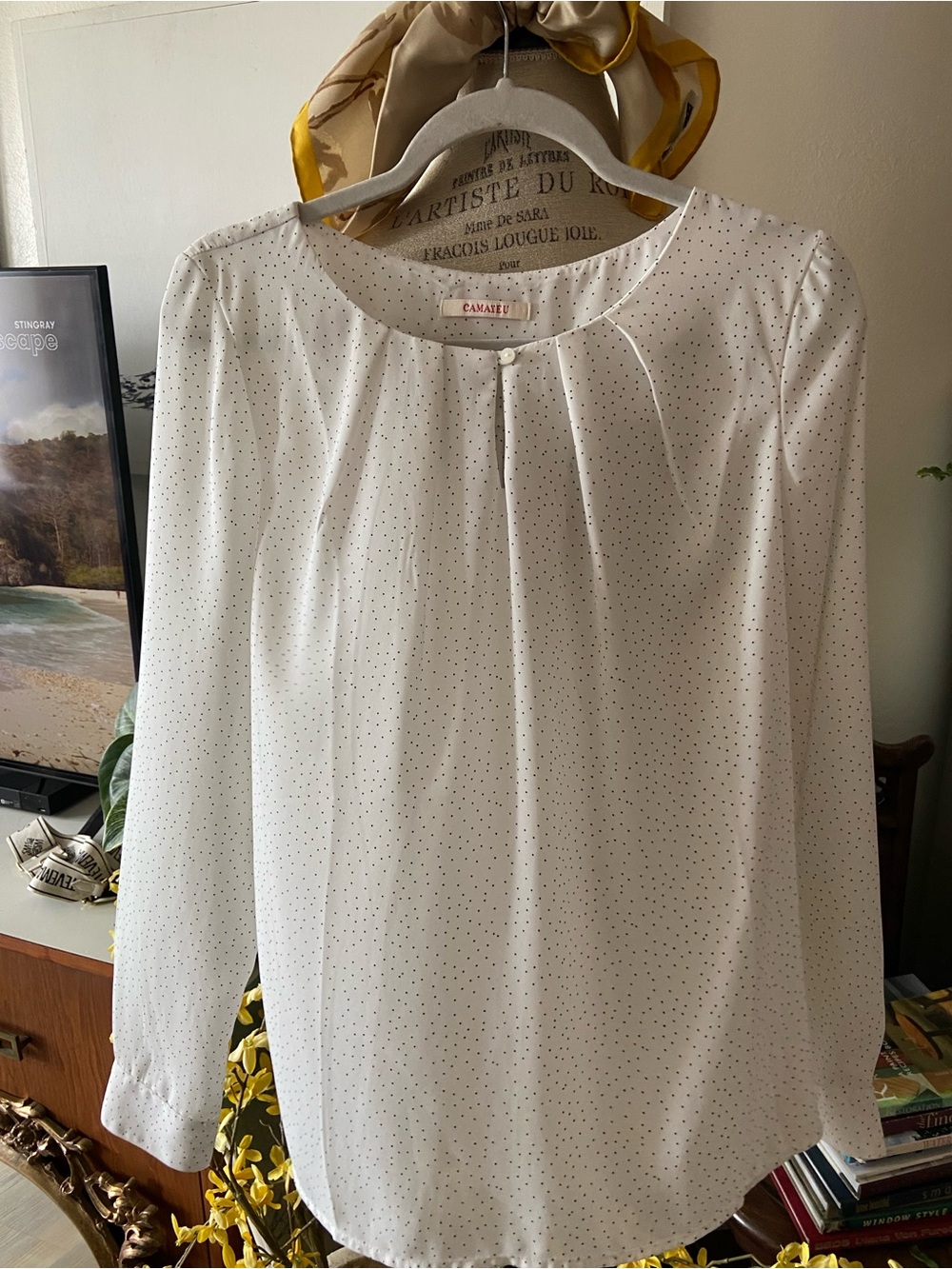 White Long-Sleeve Polka Dot Blouse